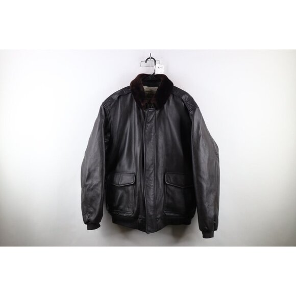 Vtg 90s LL Bean Mens 2XLT Shearling Lined Goatskin Leather Flight Bomber Jacket